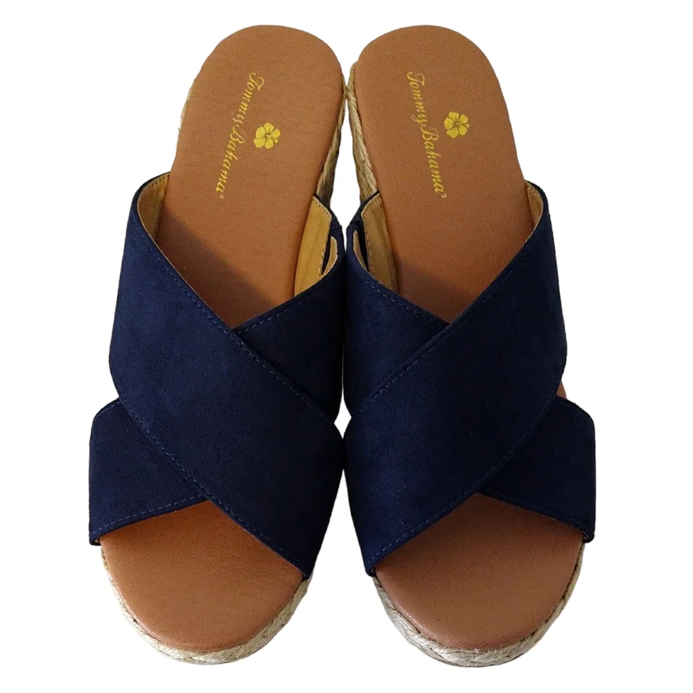 Tommy Bahama Stacey Navy Blue Criss-Cross Fabric Espadrille Wedge Sandals Beachy - Picture 3 of 8